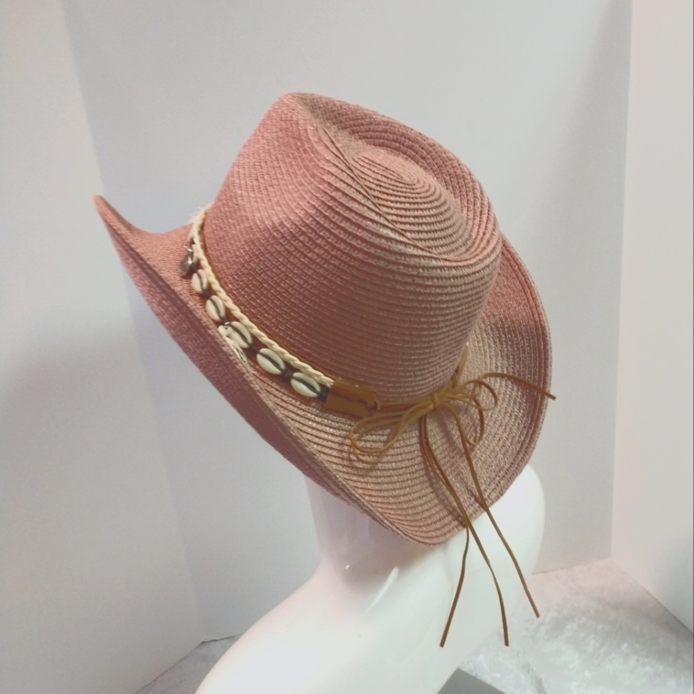 Unisex Woven Western Straw Beach Sun Hat Cowrie Cowry Shells Tassels Folds Mauve - Picture 9 of 9